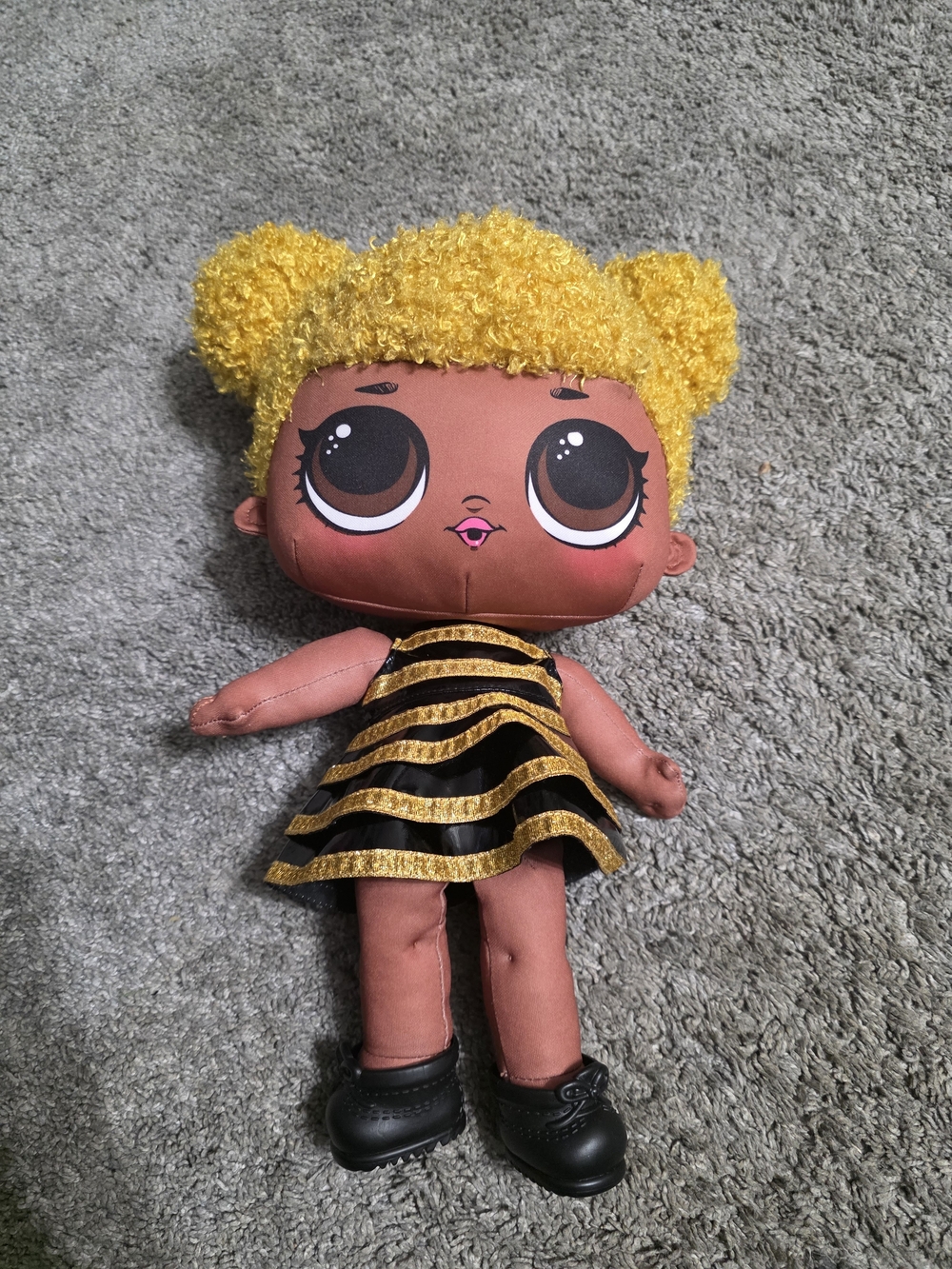 Plush Fashion Doll with Yellow Curly Hair and Black-Gold Dress